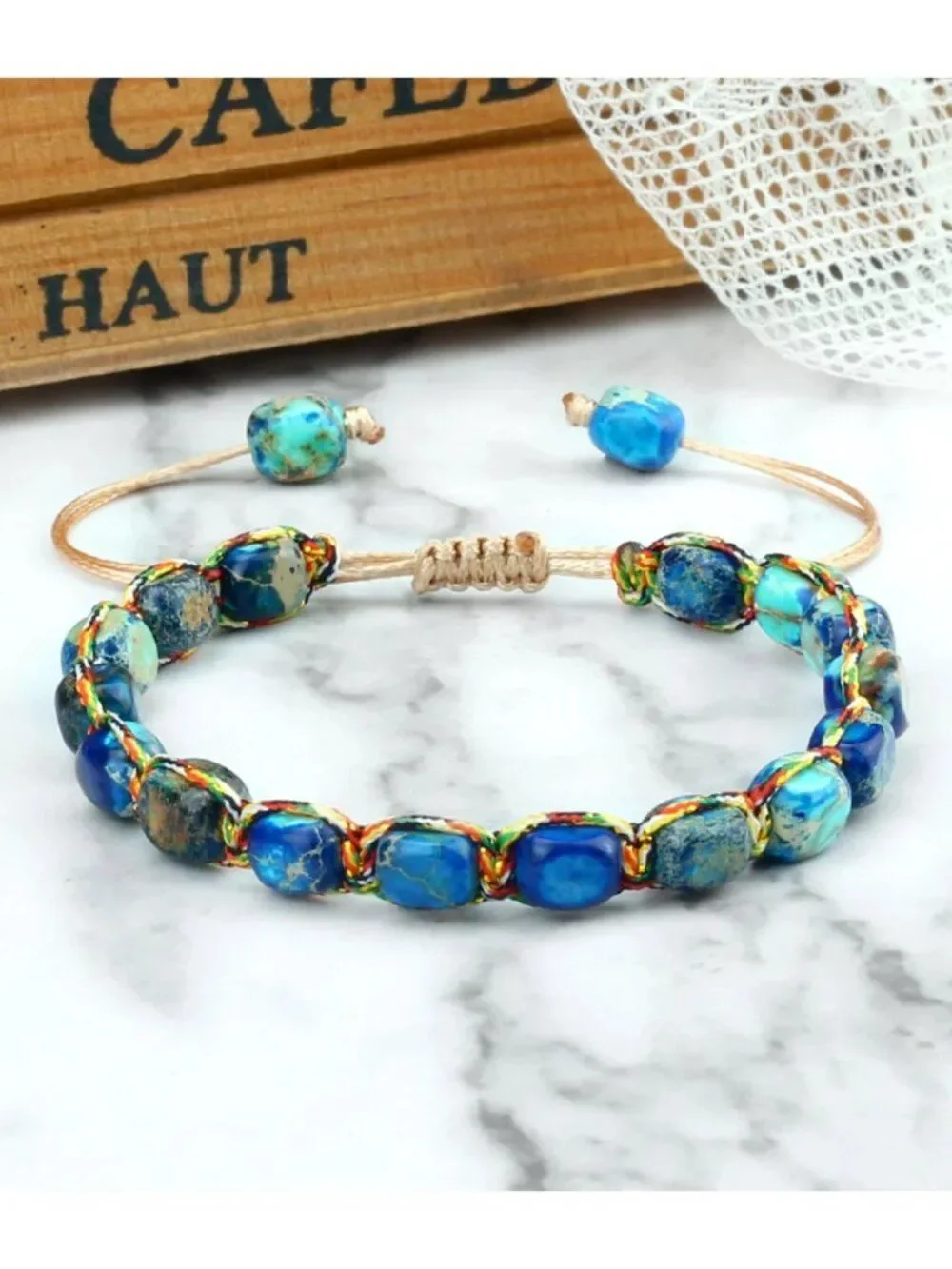 Boho Imitation Jasper Gemstone Beaded Bracelet Blue Marbled Handwoven Adjustable